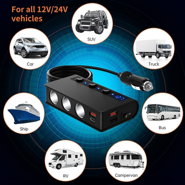 TR24 Accendisigari per auto da uno a tre con interruttore 180 W Caricabatterie rapido ad alta potenza, TR24(Black PD Version)
