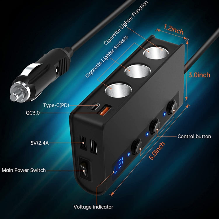TR24 Accendisigari per auto da uno a tre con interruttore 180 W Caricabatterie rapido ad alta potenza, TR24(Black PD Version)