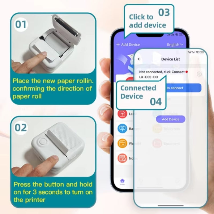 Stampante per etichette mini 200DPI Stampante termica senza inchiostro in bianco e nero con 1 rotolo di carta da stampa