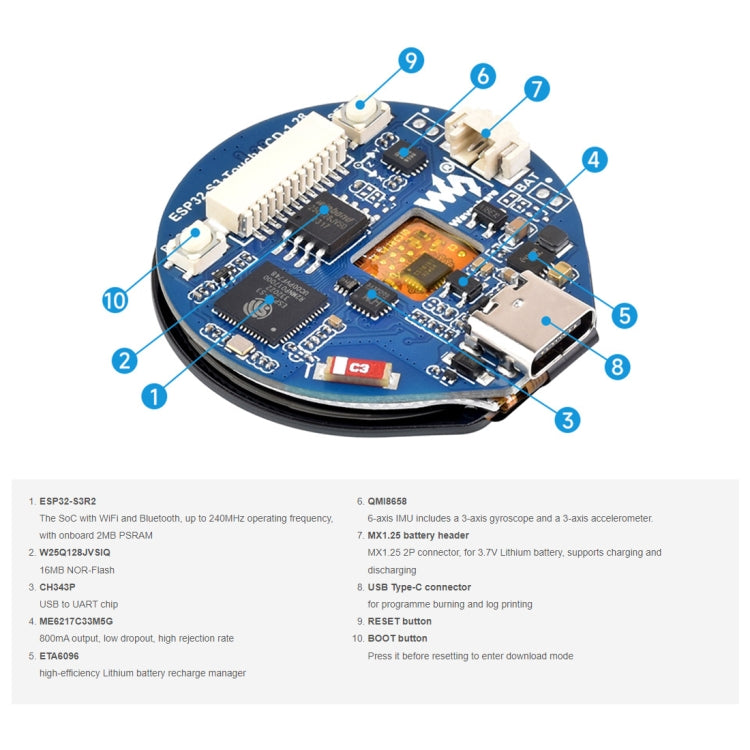 Waveshare 26959 ESP32-S3 Scheda di sviluppo LCD da 1,28 pollici, processore dual-core LX7 a 32 bit, ESP32-S3 With Touch