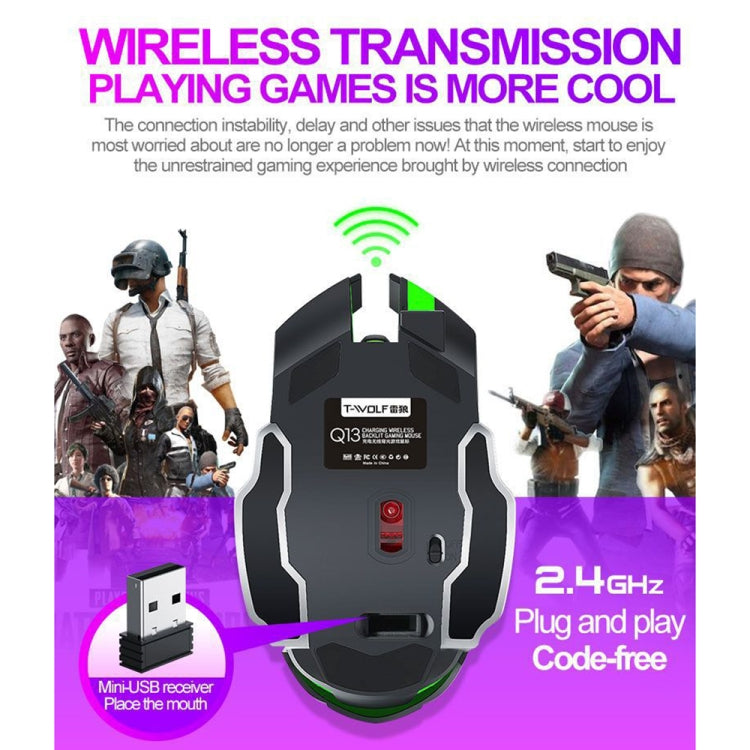 Mouse wireless da gioco con luce colorata RGB T-WOLF Q13 2,4 GHz a 6 tasti, Single Mode Black, Single Mode Star Black, Single Mode White, Single Mode Gray, Dual Mode Black, Dual Mode Star Black, Dual Mode White, Dual Mode Gray