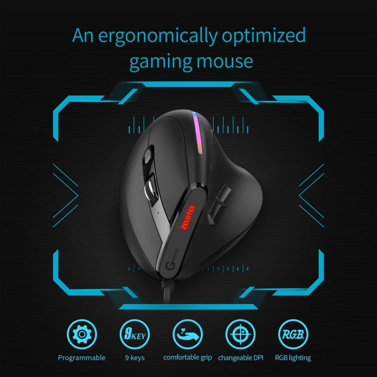 ZELOTES T50 Mouse cablato ergonomico con impugnatura verticale e effetto di illuminazione RGB a 9 tasti, T50