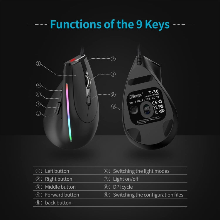 ZELOTES T50 Mouse cablato ergonomico con impugnatura verticale e effetto di illuminazione RGB a 9 tasti, T50