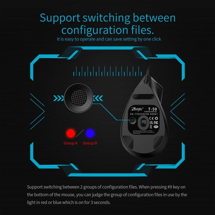 ZELOTES T50 Mouse cablato ergonomico con impugnatura verticale e effetto di illuminazione RGB a 9 tasti, T50