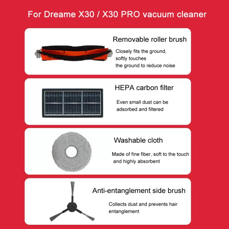Per pezzi di ricambio per aspirapolvere robot Dreame X30 / X30 Pro, Rubber Brush, 2pcs Side Brush, Roller Brush, 2pcs Rag, 2pcs Filter, 2pcs Dust Bag, Cutting Roller Brush