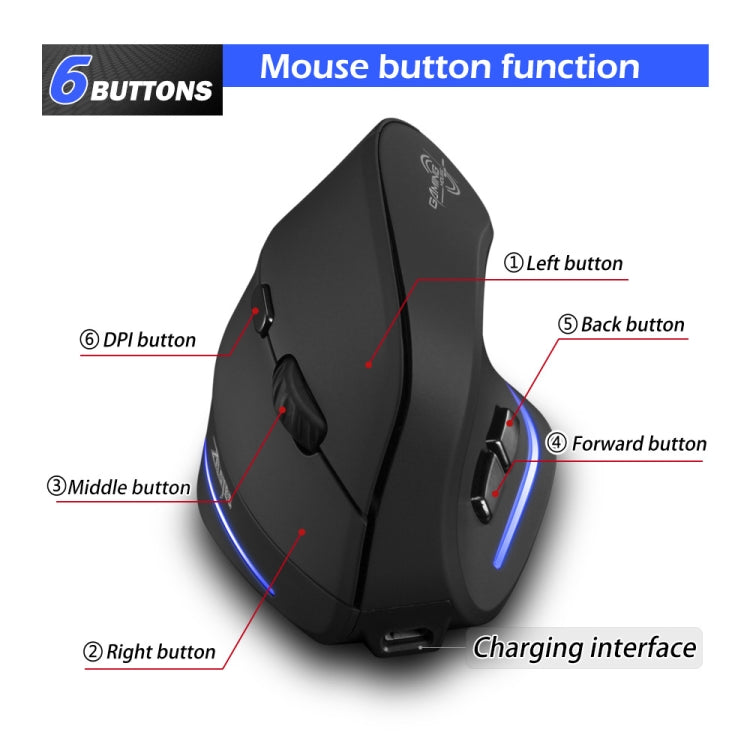 Mouse wireless ricaricabile ergonomico con impugnatura verticale ZELOTES F35 a 6 pulsanti, F35
