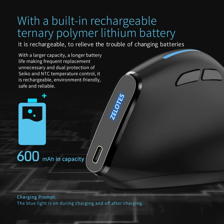 ZELOTES F36A Mouse wireless ricaricabile ergonomico con impugnatura verticale a 6 pulsanti, F36A
