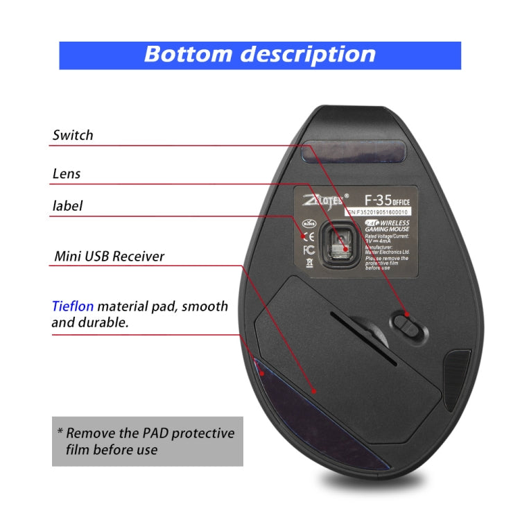 Mouse wireless ricaricabile ergonomico con impugnatura verticale ZELOTES F-35A a 6 pulsanti, F-35A