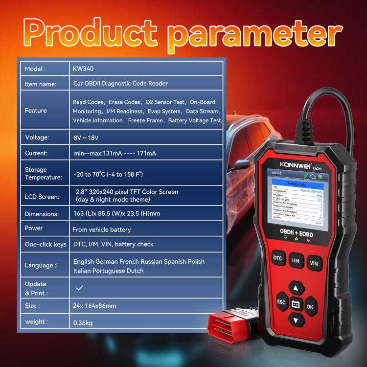 KONNWEI Lettore di codici motore OBDII EOBD CAN Strumento di diagnostica auto 9 lingue, KW340