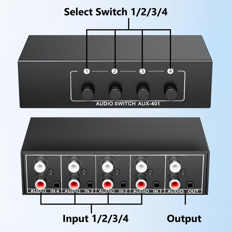 Switcher audio 4 ingressi 1 uscita 3.5mm + RCA AUX