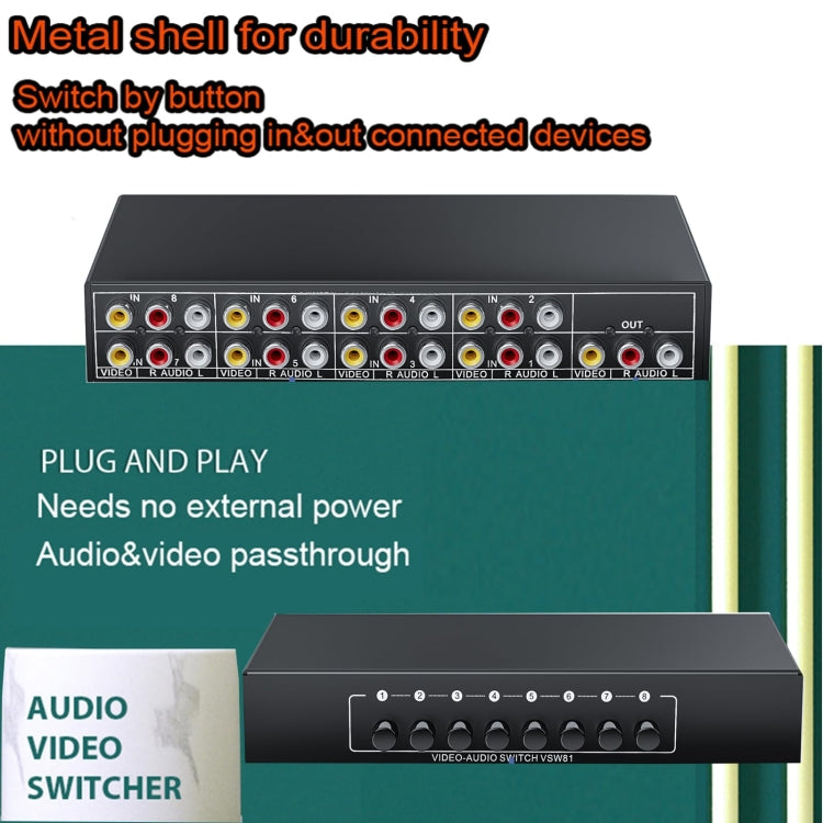 VSW81 AV 8 In 1 Out Audio e Video Switcher RCA Switch Splitter, VSW81
