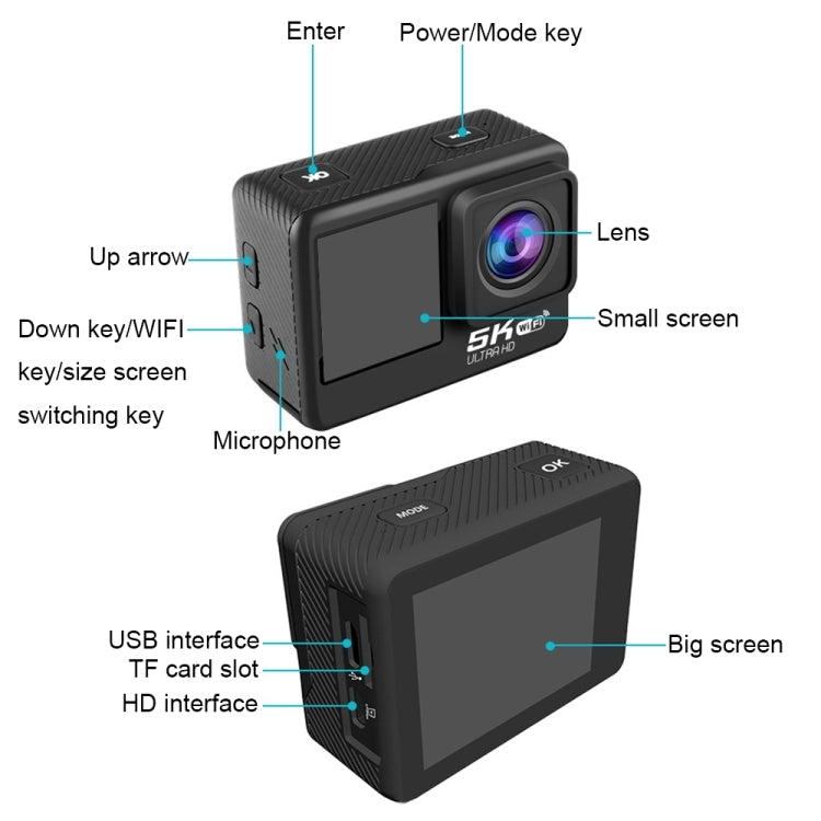 Telecamera sportiva impermeabile IP68 con doppio schermo touch 5K