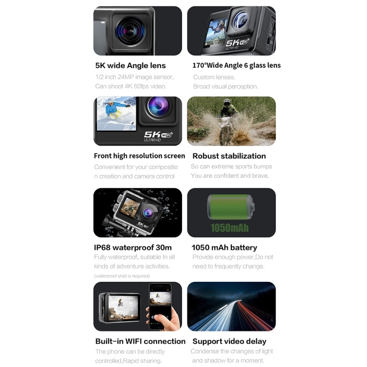 Telecamera sportiva impermeabile IP68 con doppio schermo touch 5K