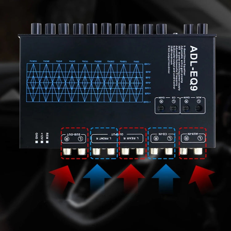ADL-EQ9 Car Audio Equalizzatore a 9 bande EQ Tuning Crossover Amplificatore, ADL-EQ9