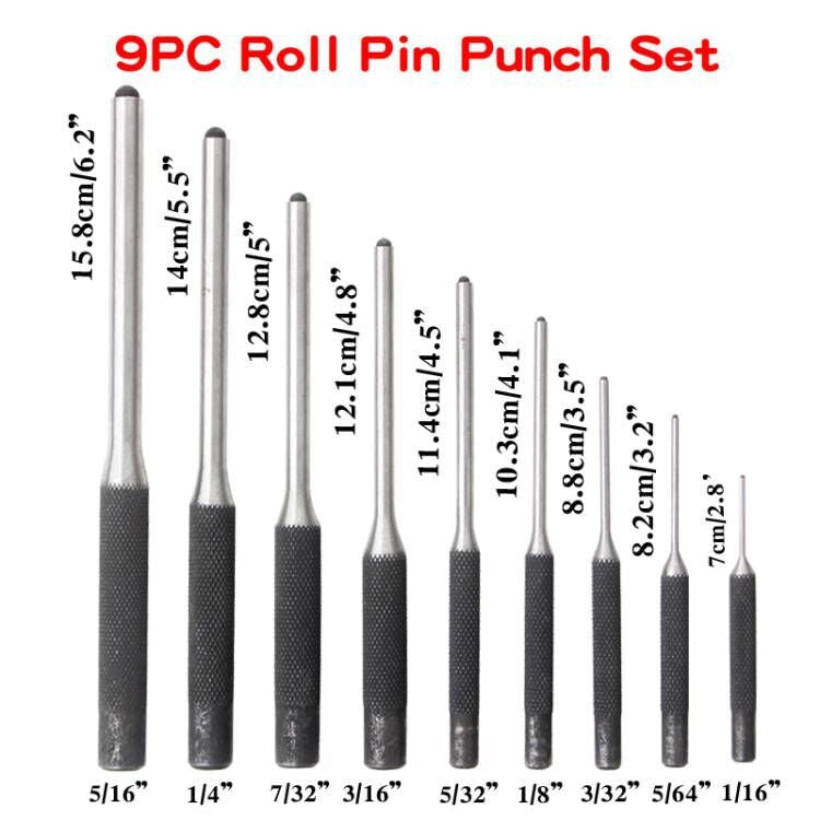 Set di punzoni per perni a rulli per impieghi gravosi 9 in 1, strumenti per la rimozione dei punzoni rotondi, Canvas Packaging, with Hammer