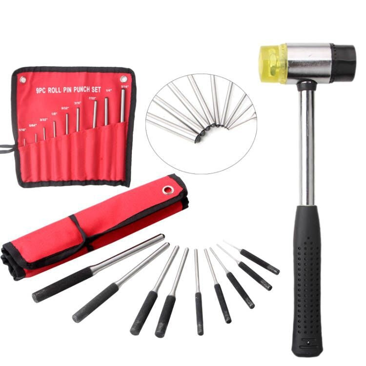 Set di punzoni per perni a rulli per impieghi gravosi 9 in 1, strumenti per la rimozione dei punzoni rotondi, Canvas Packaging, with Hammer