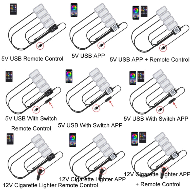 Luce per atmosfera ritmica musicale per auto a controllo vocale a LED a otto colori, 5V USB Remote Control, 5V USB APP, 5V USB APP + Remote Control, 5V USB With Switch Remote Control, 5V USB With Switch APP, 5V USB With Switch APP + Remote Control     ...