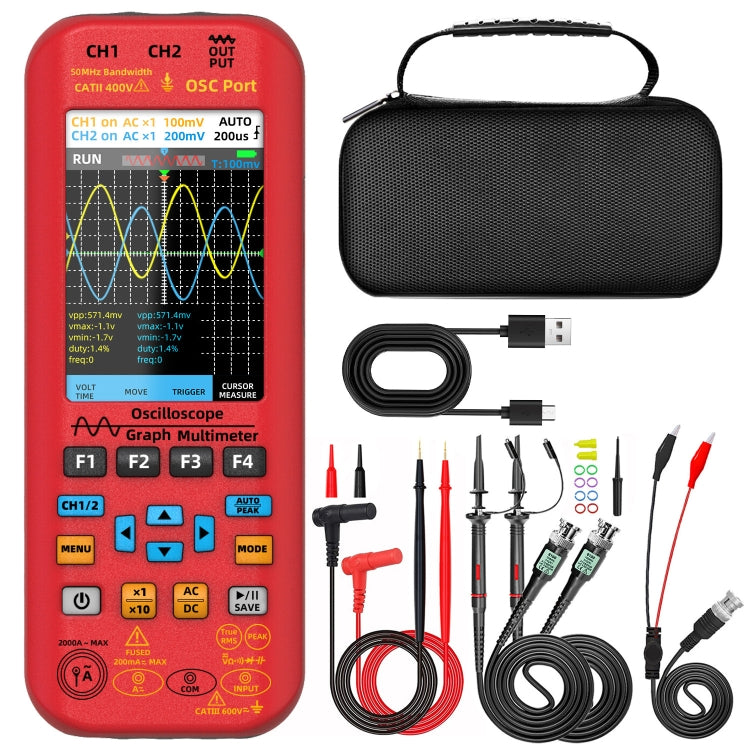 BSIDE O9 Oscilloscopio digitale portatile a doppio canale da 50 MHz, multimetro con sorgente di segnale, With Single Oscilloscope Probe (Red), With Dual Oscilloscope Probe (Red)