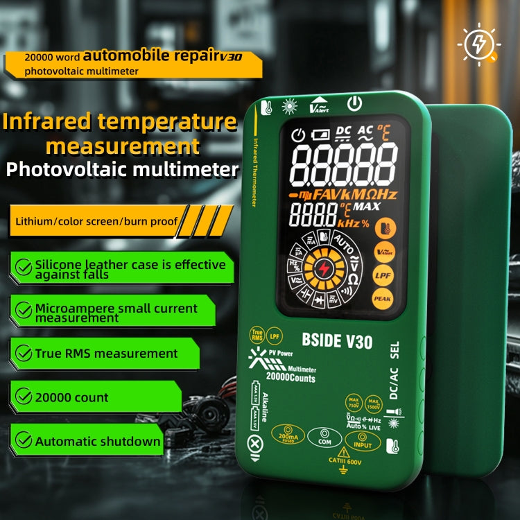 Multimetro PV intelligente con schermo colorato Termometro a infrarossi, V30 (Green)