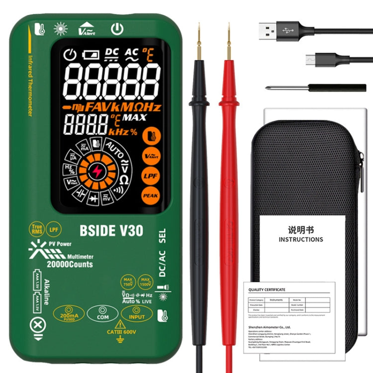 Multimetro PV intelligente con schermo colorato Termometro a infrarossi, V30 (Green)