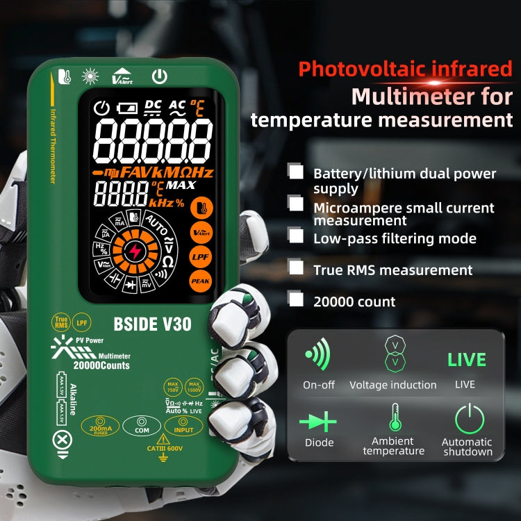 Multimetro PV intelligente con schermo colorato Termometro a infrarossi, V30 (Green)