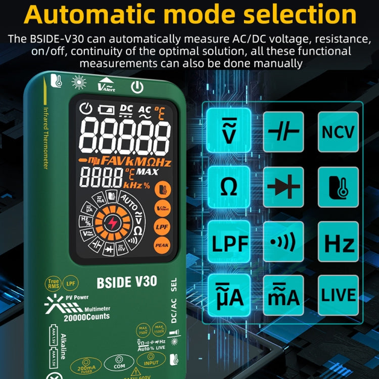 Multimetro PV intelligente con schermo colorato Termometro a infrarossi, V30 (Green)