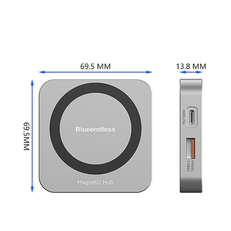 Blueendless HUB magnetico 8 in 1 con custodia M.2 NVMe/SATA SSD (HDMI+PD100W+USB-C/Type-C 3.2+USB-A 3.2+SD+TF+AUX), MC906