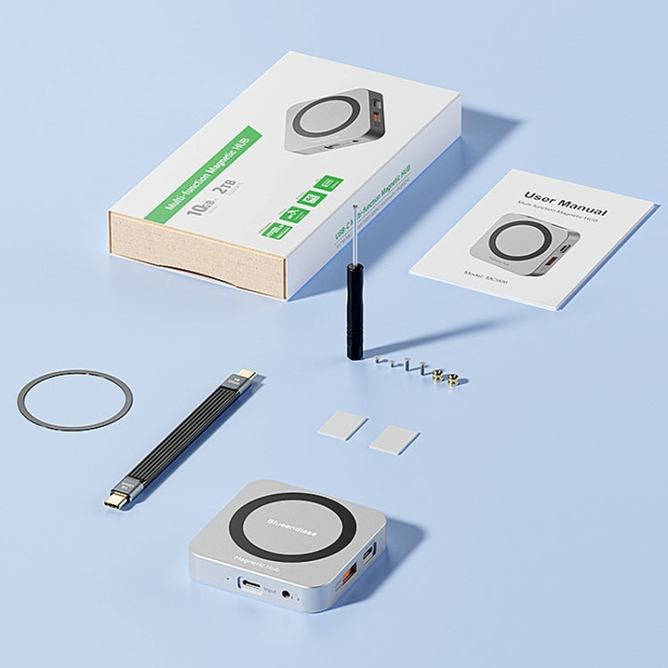 Blueendless HUB magnetico 8 in 1 con custodia M.2 NVMe/SATA SSD (HDMI+PD100W+USB-C/Type-C 3.2+USB-A 3.2+SD+TF+AUX), MC906