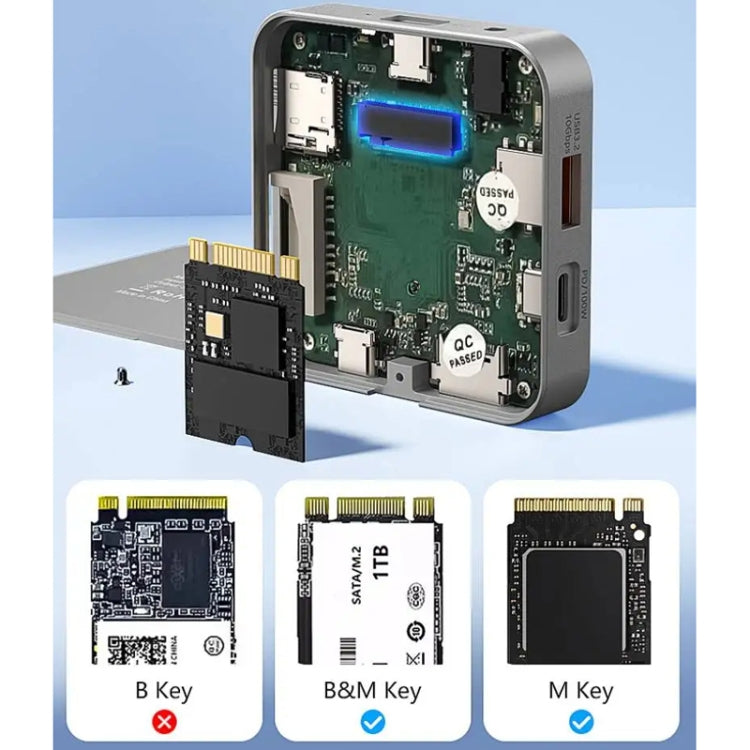 Blueendless HUB magnetico 8 in 1 con custodia M.2 NVMe/SATA SSD (HDMI+PD100W+USB-C/Type-C 3.2+USB-A 3.2+SD+TF+AUX), MC906