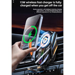 Supporto di ricarica wireless per telefono cellulare con luce d'atmosfera e pickup audio per auto da 15 W