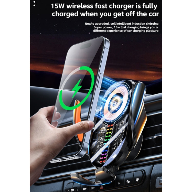 Supporto di ricarica wireless per telefono cellulare con luce d'atmosfera e pickup audio per auto da 15 W