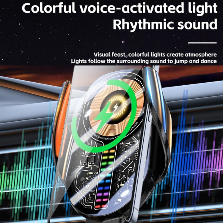 Supporto di ricarica wireless per telefono cellulare con luce d'atmosfera e pickup audio per auto da 15 W
