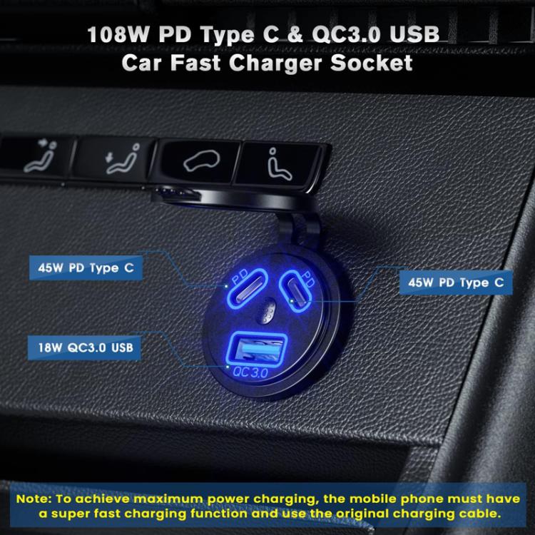 Kewig P22A 12-24V Caricabatteria per auto a 3 porte Dual PD+QC3.0 con interruttore, per veicoli, motociclette, barche, modificati, With Terminal