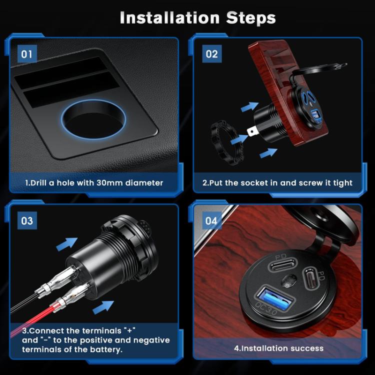 Kewig P22A 12-24V Caricabatteria per auto a 3 porte Dual PD+QC3.0 con interruttore, per veicoli, motociclette, barche, modificati, With Terminal