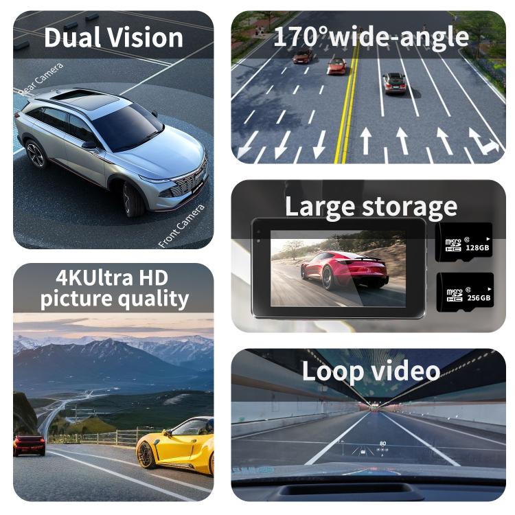 Registratore di guida 4K+1080P Doppia registrazione anteriore e posteriore Immagini di retromarcia WIFI