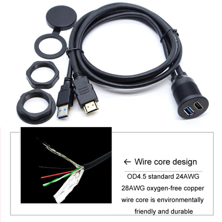Cavo di estensione impermeabile per auto USB3.0+HDMI da 2 m, per cruscotto di motociclette e barche, 2m USB3.0+HDMI