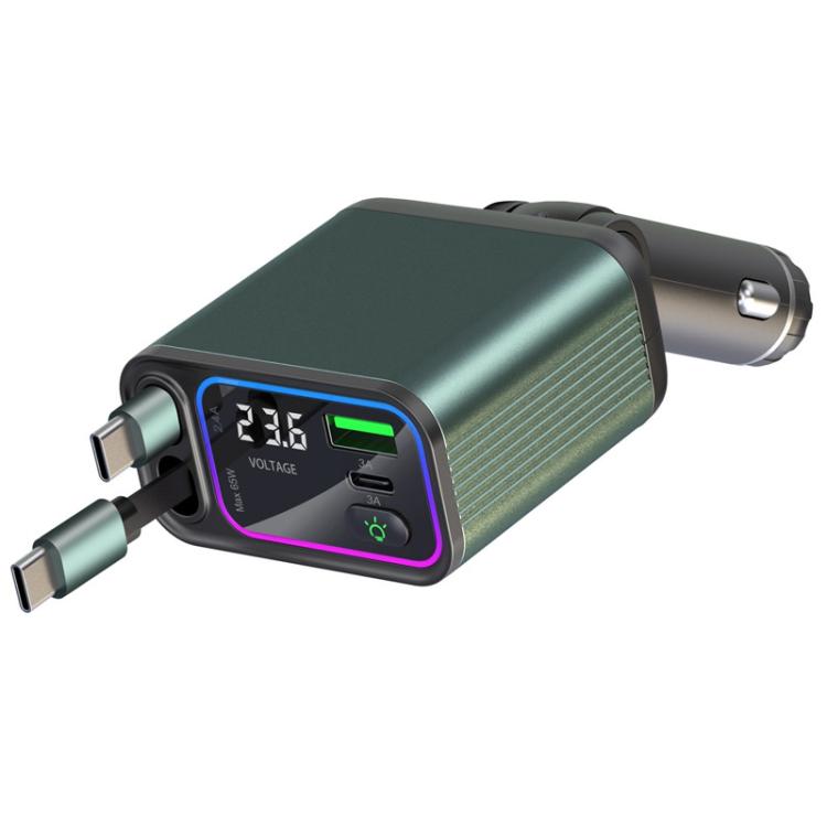 Doppio cavo retrattile, stivaggio automatico, luce ambiente di marcia, display della tensione, caricabatteria per auto, Type-C+Type-C, Type-C+8 Pin