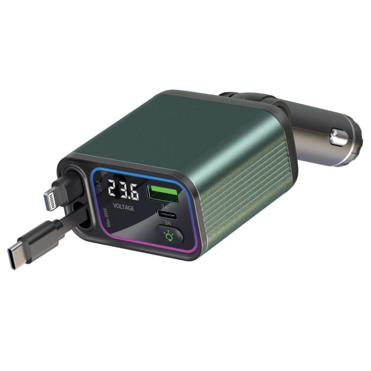 Doppio cavo retrattile, stivaggio automatico, luce ambiente di marcia, display della tensione, caricabatteria per auto, Type-C+Type-C, Type-C+8 Pin