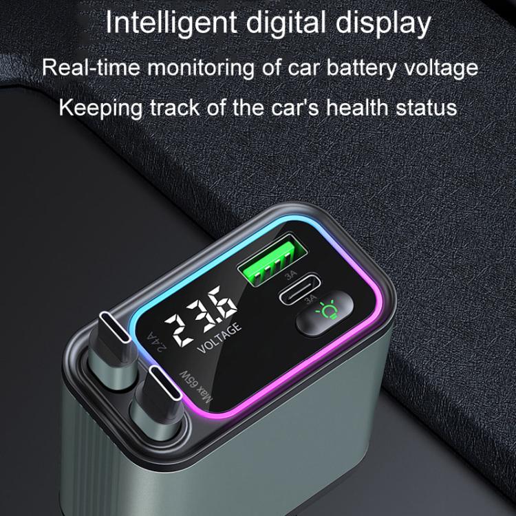 Doppio cavo retrattile, stivaggio automatico, luce ambiente di marcia, display della tensione, caricabatteria per auto, Type-C+Type-C, Type-C+8 Pin