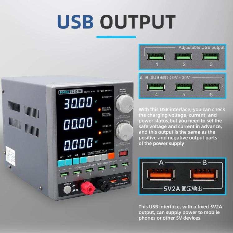 SUGON 3010PM 150W 30V 10A 4 Digital Display Cell Phone Repair Power Meter, EU Plug, US Plug