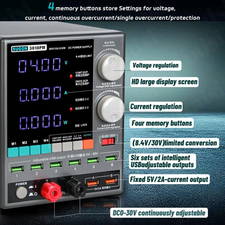 SUGON 3010PM 150W 30V 10A 4 Misuratore di potenza per riparazione di telefoni cellulari con display digitale, EU Plug, US Plug