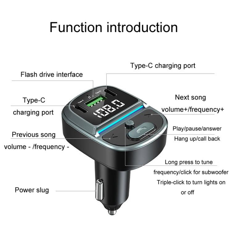 Caricabatterie rapido per auto con display digitale della tensione, lettore MP3 Bluetooth per veicoli, GZ07