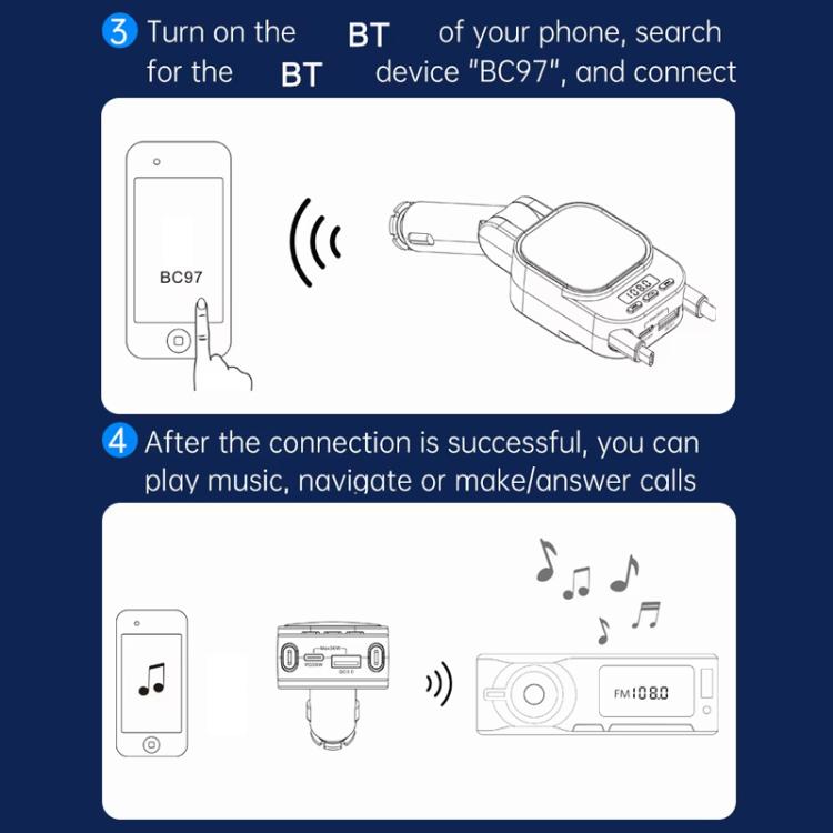 Caricabatteria per auto con doppio cavo retrattile per lettore MP3 Bluetooth per automobile, BC97