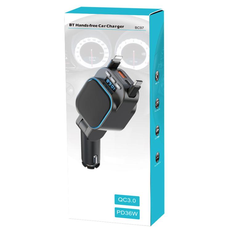 Caricabatteria per auto con doppio cavo retrattile per lettore MP3 Bluetooth per automobile, BC97