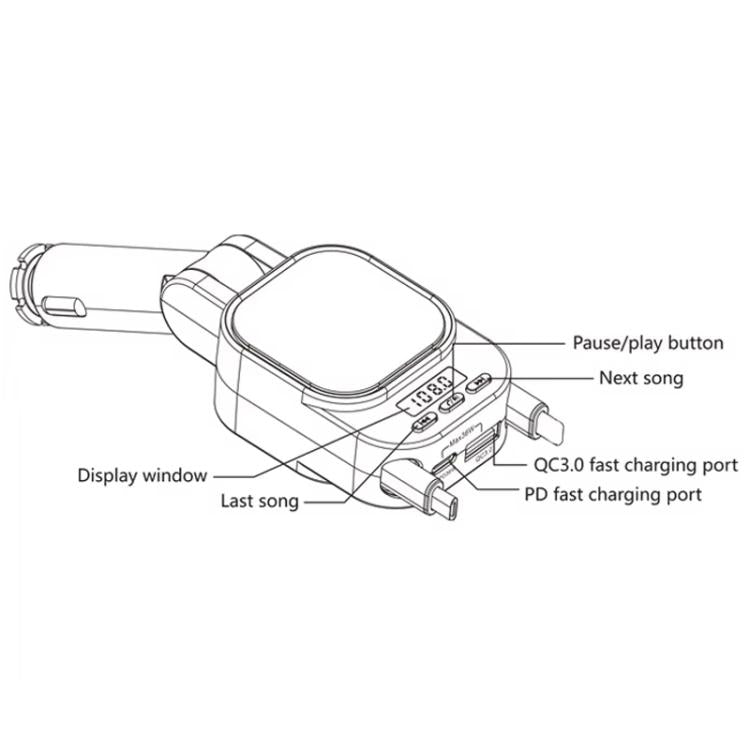 Caricabatteria per auto con doppio cavo retrattile per lettore MP3 Bluetooth per automobile, BC97