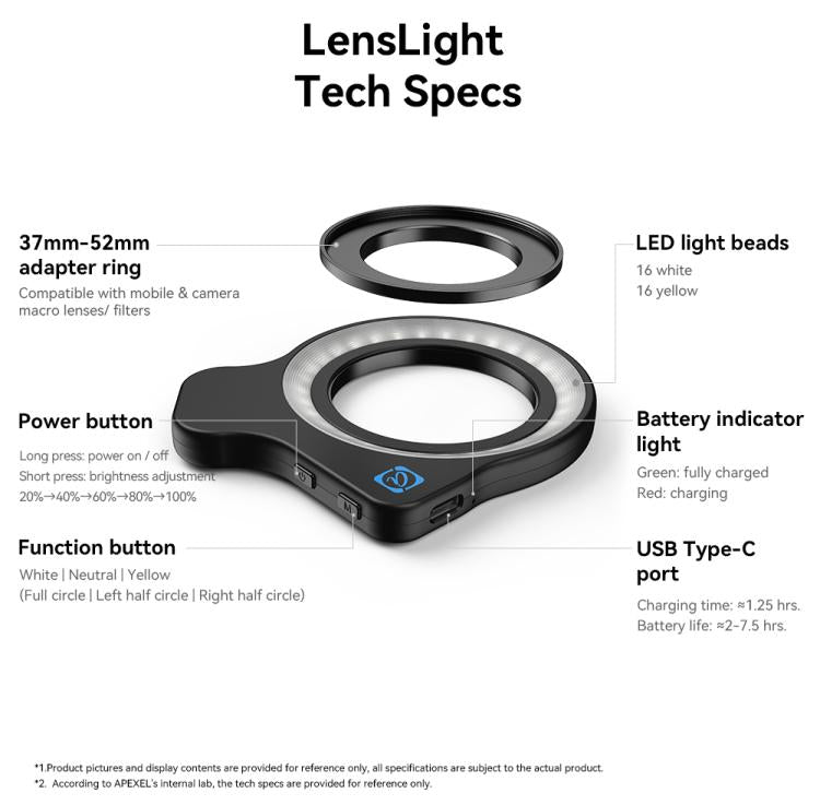 APEXEL APL-FL26 Luce anello macro 52mm 9 velocità