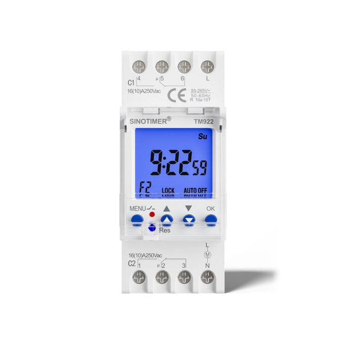 Modulo interruttore di temporizzazione di 7 giorni con controllo dei secondi a 2 vie e doppio canale da 16 A, timer montato su DIN, SINOTIMER  TM922-K 85-265V, SINOTIMER  TM922-4 12V