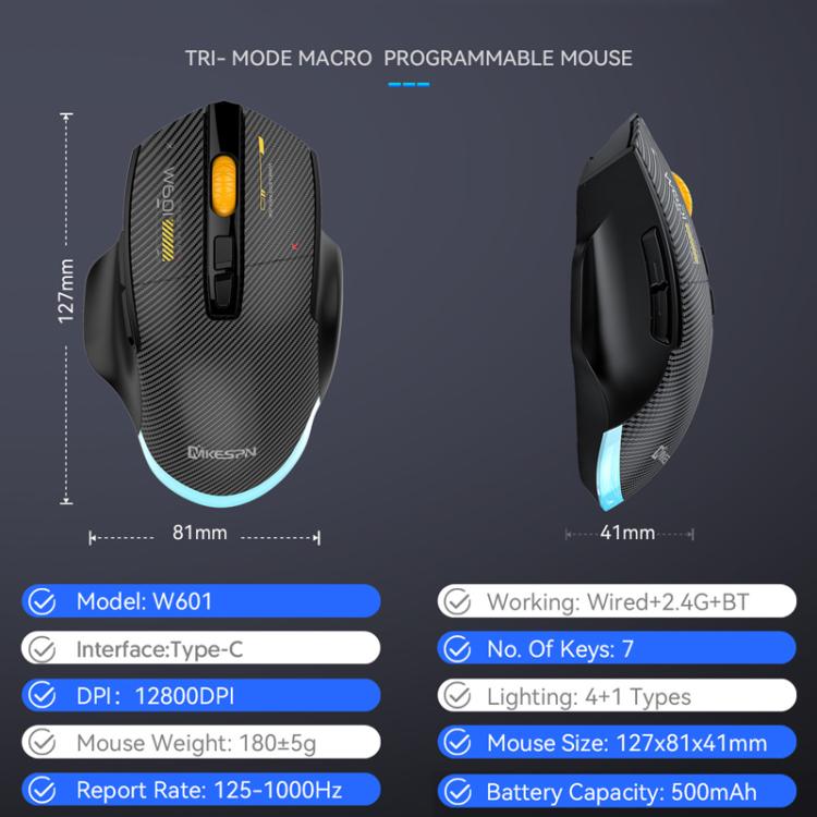 MKESPN W601 Mouse da gioco macro silenzioso wireless tri-mode in fibra di carbonio 12800DPI Mouse Bluetooth