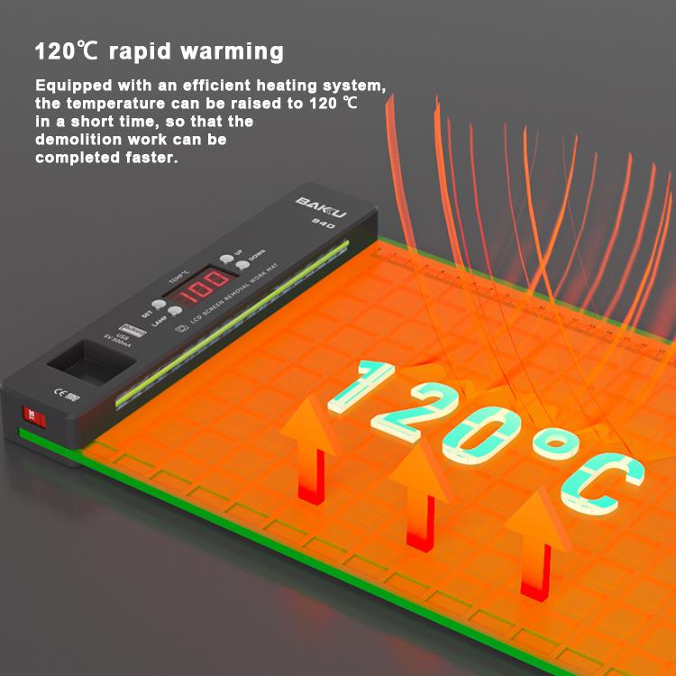 Tappetino da lavoro per la rimozione dello schermo LCD da 16 pollici BAKU BA-940 con sistema di riscaldamento e illuminazione antipolvere, US Plug, EU Plug