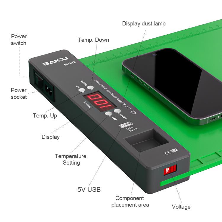 Tappetino da lavoro per la rimozione dello schermo LCD da 16 pollici BAKU BA-940 con sistema di riscaldamento e illuminazione antipolvere, US Plug, EU Plug